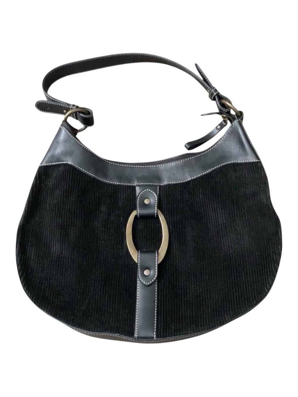 Maxx New York Black Corduroy Leather Hobo Bag Paisley Lining Brass Ring Purse